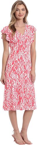 London Times Women's Leaf Print V-Neck Ruffle Sleeve Dress in Saudi Arabia