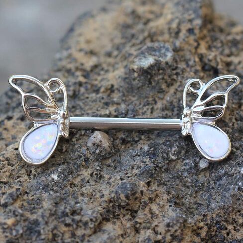 White Synthetic Opal Butterfly Barbell Rings, Sold as a Pair in Kuwait