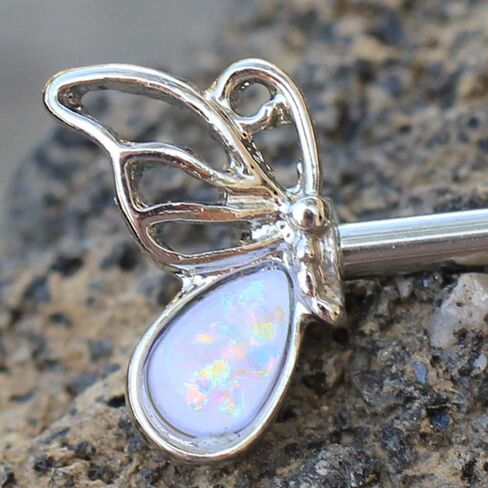 White Synthetic Opal Butterfly Barbell Rings, Sold as a Pair in Kuwait