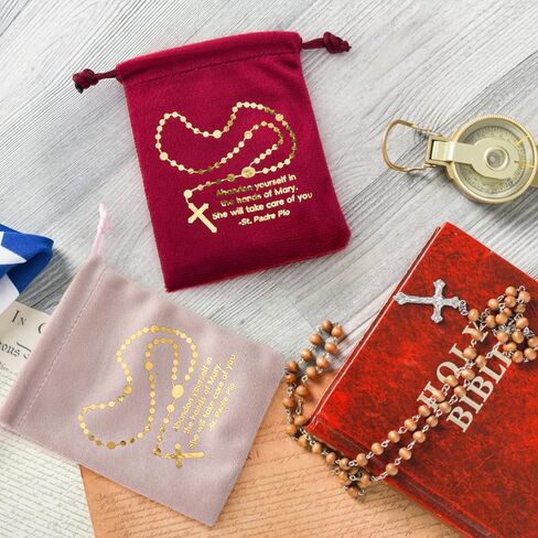 12 حزمة من مسبحة المسبحة الكاثوليكية، حقيبة مسبحة، حامل مسبحة، حقيبة برباط مخملية للمناولة الأولى، هدايا التأكيد الكاثوليكية، تخزين خرز الصلاة in Kuwait