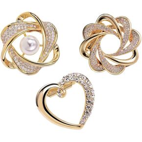 3PCS Scarf Clip Brooches All In One Elegant Pearl Floral Rhinestones Golden Clothes Corner Knotted Button Brooch Scarves Buckle Ring T-Shirt Tie Clips Multi-Purposes For Women Lady Girls Decoration Accessories Jewelry