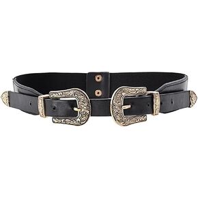 MoYoTo Womens Retro Carved Double Buckle Elastic Belts Western Leather Flex Belt in Kuwait