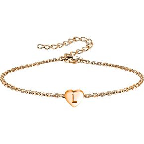 KunBead Mini Size Rose Gold Initial A-Z Letter Bracelet Love Heart Charm Stainless Steel Birthday Adjustable Alphabet Bracelet for Women