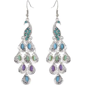 Rhinestone Crystal Peacock Earrings for Women, Bohemian Vintage Big Peacock Dangle Drop Earrings Blue Crystal Feather Statement Earrings Silver Rose Gold Long Peacock Tassel Earrings for Teen Girls in Saudi Arabia