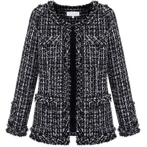 Leyoutx Women's Collarless Plaid Tweed Blazer Elegant Open Front Fringed Casual Business Glitter Jacket in Kuwait