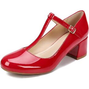FTNAMORI Mary Jane Shoes Women Chunky Low Heels Closed Round Toe T-Strap Work Pumps Ankle Strap Comfortable Dress Wedding Shoes