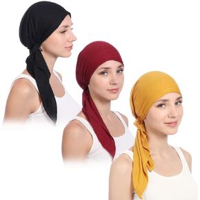 XIAOBLESS 3 Packed Women's Pre Tied Head Scarves Slip On Chemo Beanies Hair Cover Headwrap Caps