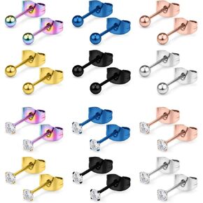 Ruifan 20G Mix Color Stainless Steel Ball Clear CZ Stud Earrings for Men Women Round 3-8mm 6-12Pairs