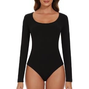 SLIMBELLE Women's Long Sleeve Bodysuit Tops Sexy Square Neck Body Suits Basic Slim Fit Tee Shirt
