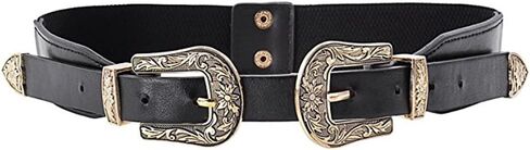MoYoTo Womens Retro Carved Double Buckle Elastic Belts Western Leather Flex Belt in Saudi Arabia