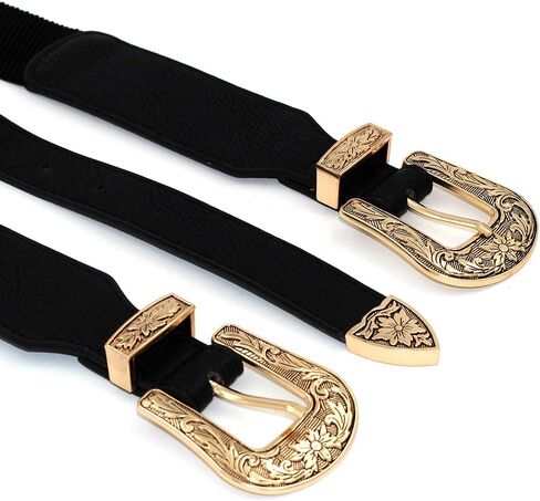 MoYoTo Womens Retro Carved Double Buckle Elastic Belts Western Leather Flex Belt in Saudi Arabia