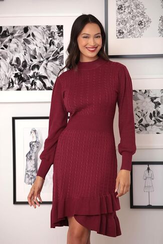 London Times Women's Mock Neck Cable Knit Flounce Hem Dress Office Workwear Desk to Dinner Guest of in Saudi Arabia