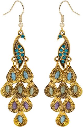 Rhinestone Crystal Peacock Earrings for Women, Bohemian Vintage Big Peacock Dangle Drop Earrings Blue Crystal Feather Statement Earrings Silver Rose Gold Long Peacock Tassel Earrings for Teen Girls in Saudi Arabia