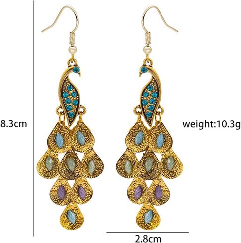 Rhinestone Crystal Peacock Earrings for Women, Bohemian Vintage Big Peacock Dangle Drop Earrings Blue Crystal Feather Statement Earrings Silver Rose Gold Long Peacock Tassel Earrings for Teen Girls in Saudi Arabia