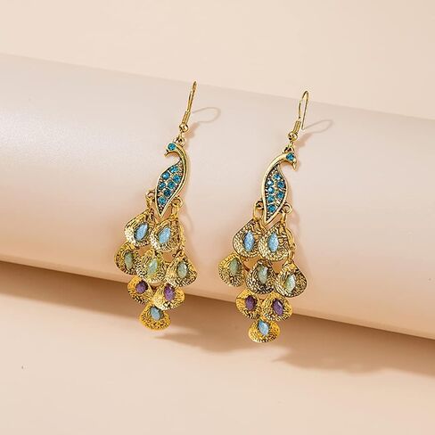 Rhinestone Crystal Peacock Earrings for Women, Bohemian Vintage Big Peacock Dangle Drop Earrings Blue Crystal Feather Statement Earrings Silver Rose Gold Long Peacock Tassel Earrings for Teen Girls in Saudi Arabia