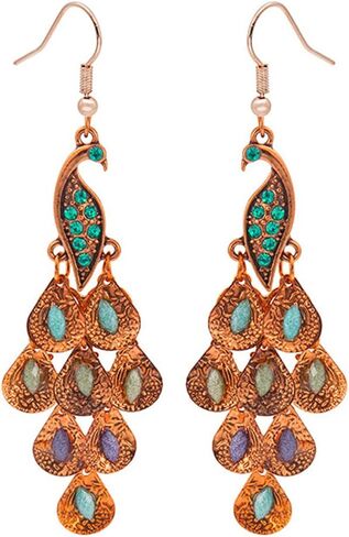 Rhinestone Crystal Peacock Earrings for Women, Bohemian Vintage Big Peacock Dangle Drop Earrings Blue Crystal Feather Statement Earrings Silver Rose Gold Long Peacock Tassel Earrings for Teen Girls in Saudi Arabia