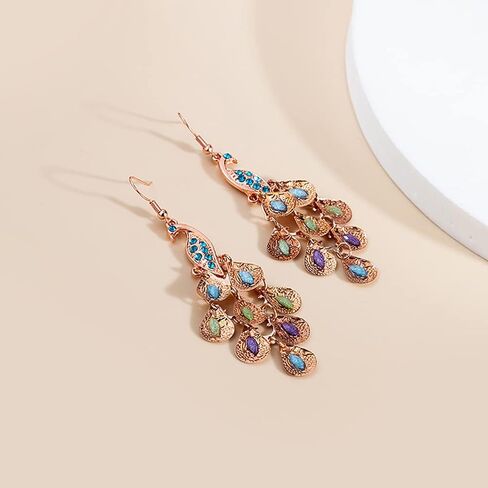 Rhinestone Crystal Peacock Earrings for Women, Bohemian Vintage Big Peacock Dangle Drop Earrings Blue Crystal Feather Statement Earrings Silver Rose Gold Long Peacock Tassel Earrings for Teen Girls in Saudi Arabia
