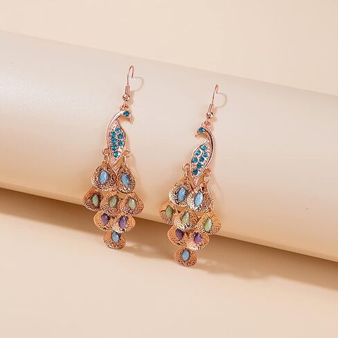 Rhinestone Crystal Peacock Earrings for Women, Bohemian Vintage Big Peacock Dangle Drop Earrings Blue Crystal Feather Statement Earrings Silver Rose Gold Long Peacock Tassel Earrings for Teen Girls in Saudi Arabia