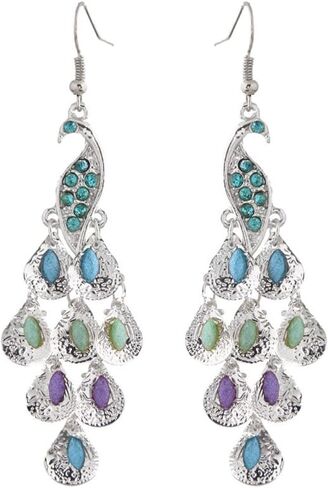 Rhinestone Crystal Peacock Earrings for Women, Bohemian Vintage Big Peacock Dangle Drop Earrings Blue Crystal Feather Statement Earrings Silver Rose Gold Long Peacock Tassel Earrings for Teen Girls in Saudi Arabia