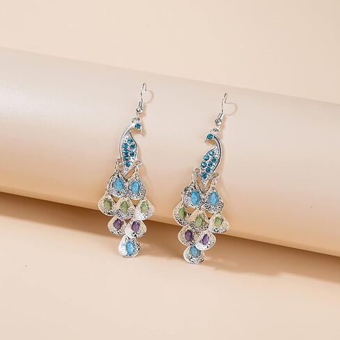 Rhinestone Crystal Peacock Earrings for Women, Bohemian Vintage Big Peacock Dangle Drop Earrings Blue Crystal Feather Statement Earrings Silver Rose Gold Long Peacock Tassel Earrings for Teen Girls in Saudi Arabia