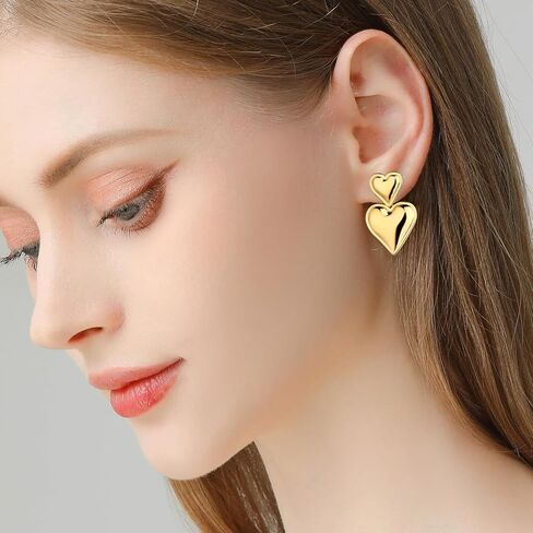 أقراط متدلية على شكل قلب مزدوج، أقراط ذهبية على شكل قلب مجوهرات عصرية للنساء والفتيات، أقراط متدلية على شكل قلب مع صندوق (ذهبي) in Kuwait