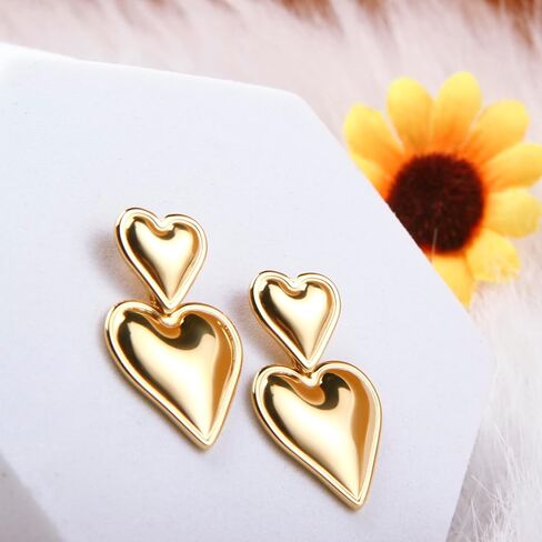 أقراط متدلية على شكل قلب مزدوج، أقراط ذهبية على شكل قلب مجوهرات عصرية للنساء والفتيات، أقراط متدلية على شكل قلب مع صندوق (ذهبي) in Kuwait