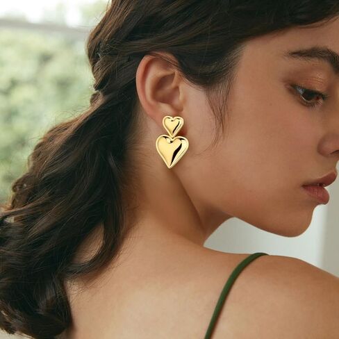 أقراط متدلية على شكل قلب مزدوج، أقراط ذهبية على شكل قلب مجوهرات عصرية للنساء والفتيات، أقراط متدلية على شكل قلب مع صندوق (ذهبي) in Kuwait