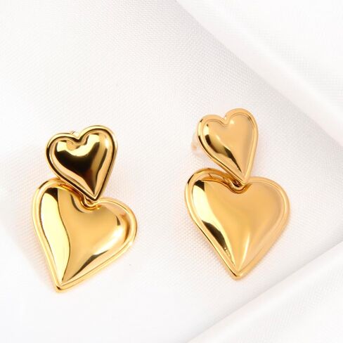 أقراط متدلية على شكل قلب مزدوج، أقراط ذهبية على شكل قلب مجوهرات عصرية للنساء والفتيات، أقراط متدلية على شكل قلب مع صندوق (ذهبي) in Kuwait