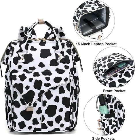 Mimfutu البقرة طباعة حقيبة الكمبيوتر المحمول كلية حقيبة الظهر المدرسية Bookbags ممرضة حقائب الظهر حقائب السفر Daypacks عادية للنساء الفتيات يناسب دفتر 15.6 بوصة in Kuwait