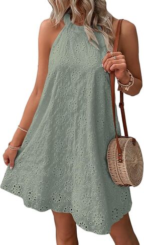 WDIRARA Women's Eyelet Embroidery Sleeveless Keyhole Back Halter Neck Summer Aline Dress in Saudi Arabia