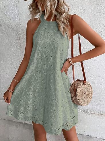 WDIRARA Women's Eyelet Embroidery Sleeveless Keyhole Back Halter Neck Summer Aline Dress in Saudi Arabia
