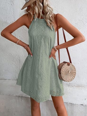 WDIRARA Women's Eyelet Embroidery Sleeveless Keyhole Back Halter Neck Summer Aline Dress in Saudi Arabia