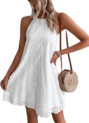 WDIRARA Women's Eyelet Embroidery Sleeveless Keyhole Back Halter Neck Summer Aline Dress in Saudi Arabia