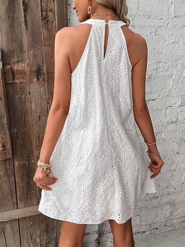 WDIRARA Women's Eyelet Embroidery Sleeveless Keyhole Back Halter Neck Summer Aline Dress in Saudi Arabia