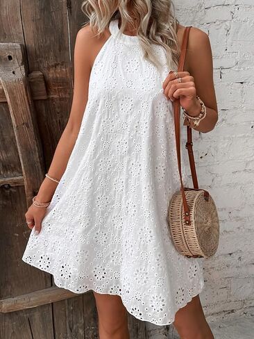 WDIRARA Women's Eyelet Embroidery Sleeveless Keyhole Back Halter Neck Summer Aline Dress in Saudi Arabia