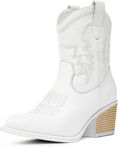 Cowboy Boots for Women Ankle Cowgirl Wide Western Short Booties | Pointed toe & chunky heel, classic embroidered design. Great for travel, festival，and daily life. in Saudi Arabia