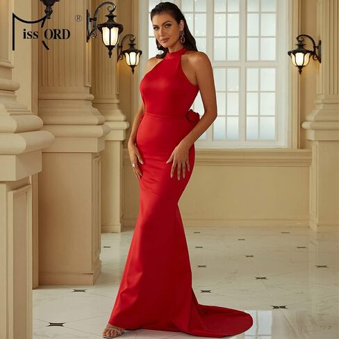 فستان نسائي رسمي من Miss ord بأزرار هالتر بدون ظهر للحفلات الراقصة، فستان سهرة بحورية البحر مكشكش بالزهور in Kuwait