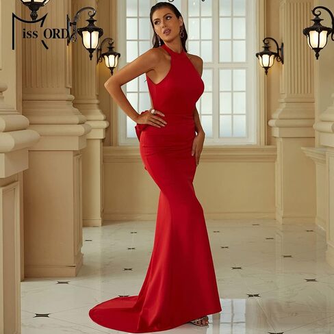 فستان نسائي رسمي من Miss ord بأزرار هالتر بدون ظهر للحفلات الراقصة، فستان سهرة بحورية البحر مكشكش بالزهور in Kuwait