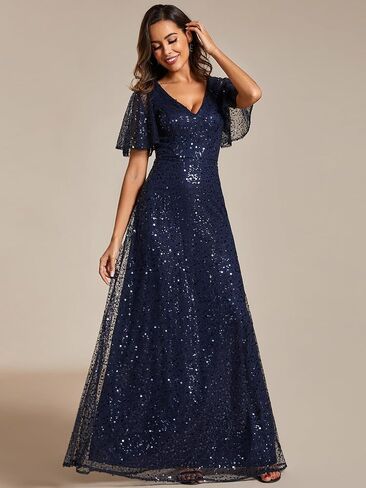 فساتين سهرة طويلة نسائية من Ever-Pretty على شكل حرف A وأكمام قصيرة ورقبة على شكل V 02120 in Kuwait