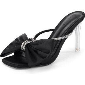 Coutgo Women's Bow Tie Slide Sandals Rhinestone Backless Mules Open Toe Stiletto Heels Dress Pumps Shoes