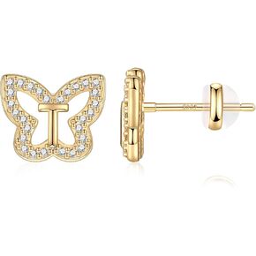 Anoup Butterfly Stud Earrings for Girls, Hypoallergenic Sterling Silver Post | 14K Gold Plated All Over Earrings | CZ Simulated Diamond Earrings | Birthday Valentines Day Gifts for Girls