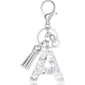XGALBLA Women's Rhinestone Alphabet Letter Keychain Tassel, Simulated Pearls and Initial with Key Ring Bag Charm for Handbags
