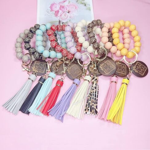 Fuqimanman2020 MAMA Key Chain Bracelet Wooden Bead PU Tassel Key Ring Unique Bangle Accessory for Mom Mother’s Day Gift in Saudi Arabia