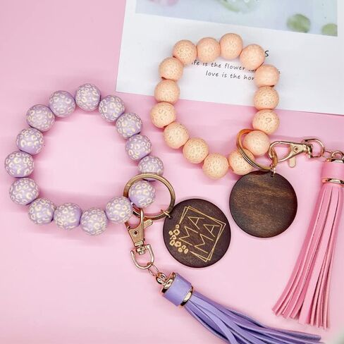 Fuqimanman2020 MAMA Key Chain Bracelet Wooden Bead PU Tassel Key Ring Unique Bangle Accessory for Mom Mother’s Day Gift in Saudi Arabia