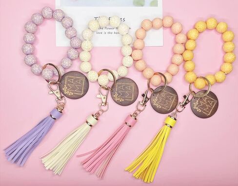 Fuqimanman2020 MAMA Key Chain Bracelet Wooden Bead PU Tassel Key Ring Unique Bangle Accessory for Mom Mother’s Day Gift in Saudi Arabia