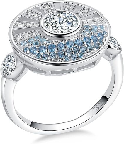 JewelryPalace Sunrise Sea Round Cubic Zirconia Statement Rings for Women, 14K White Gold Plated 925 Sterling Silver Ring for Girl, Blue CZ Gemstone jewelry Sets Rings in Saudi Arabia