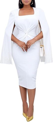 فستان نسائي أنيق من Remelon بأكمام طويلة فستان ضيق مزين باللؤلؤ مطرز بالرأس بقصة ضيقة مكشكشة للحفلات والعمل فستان متوسط ​​الطول in Kuwait