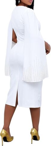 فستان نسائي أنيق من Remelon بأكمام طويلة فستان ضيق مزين باللؤلؤ مطرز بالرأس بقصة ضيقة مكشكشة للحفلات والعمل فستان متوسط ​​الطول in Kuwait