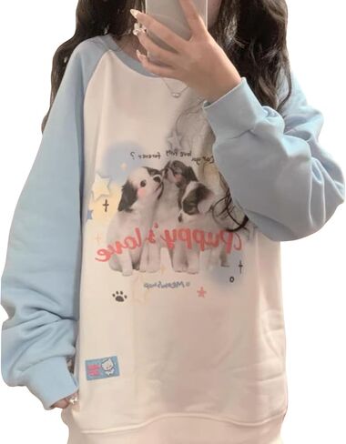 OATSBAS Y2K Cute Sweatshirts for Women Teen Girls Animal Print Long Sleeve Preppy Sweatshirt Kawaii Clothes in Saudi Arabia