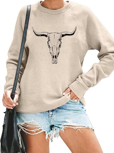 NIUPIHALA خمر الجمجمة البلوز للنساء الماشية الجمجمة ليوبارد الجرافيك البلوز عادية فضفاض موسيقى الريف كم طويل in Kuwait